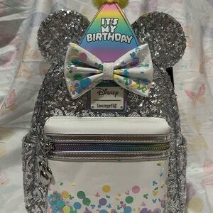 NWT Birthday Mickey and friends silver sequin Loungefly
